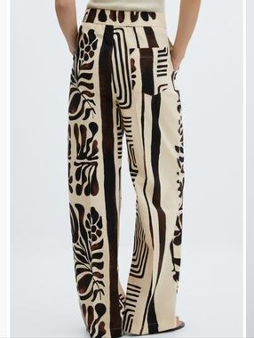 MANGO Karina Cotton & Linen Pants | Cream & Black Exotic Print | Size XL